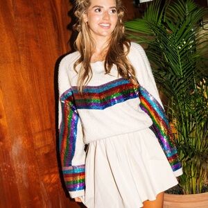 Queen of Sparkles Size S White Rainbow Sequin Sweater NWT